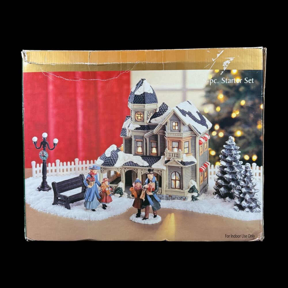Village Square Holiday 9-pc Starter Set Christmas Village 2002 light house